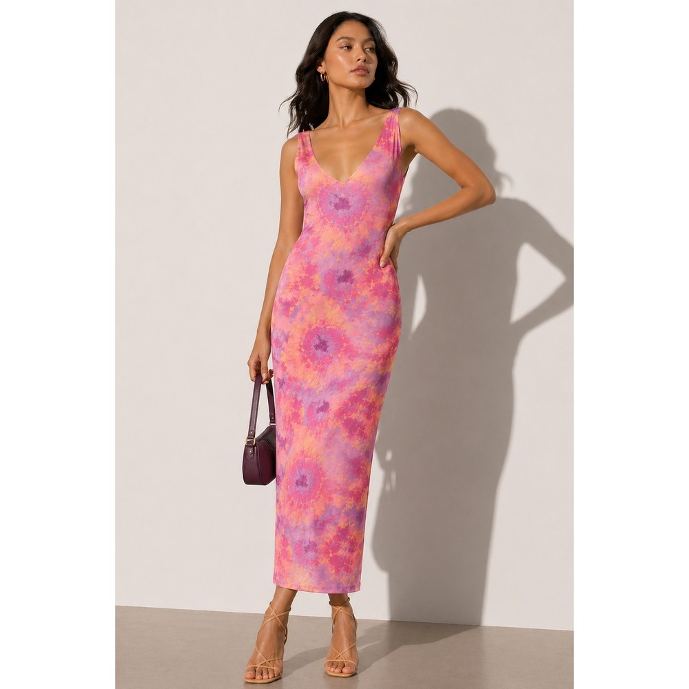 Ronny Kobo Vacation Resort Beach Wedding Tie Dye Mesh V-Neck Midi Dress Size M‎